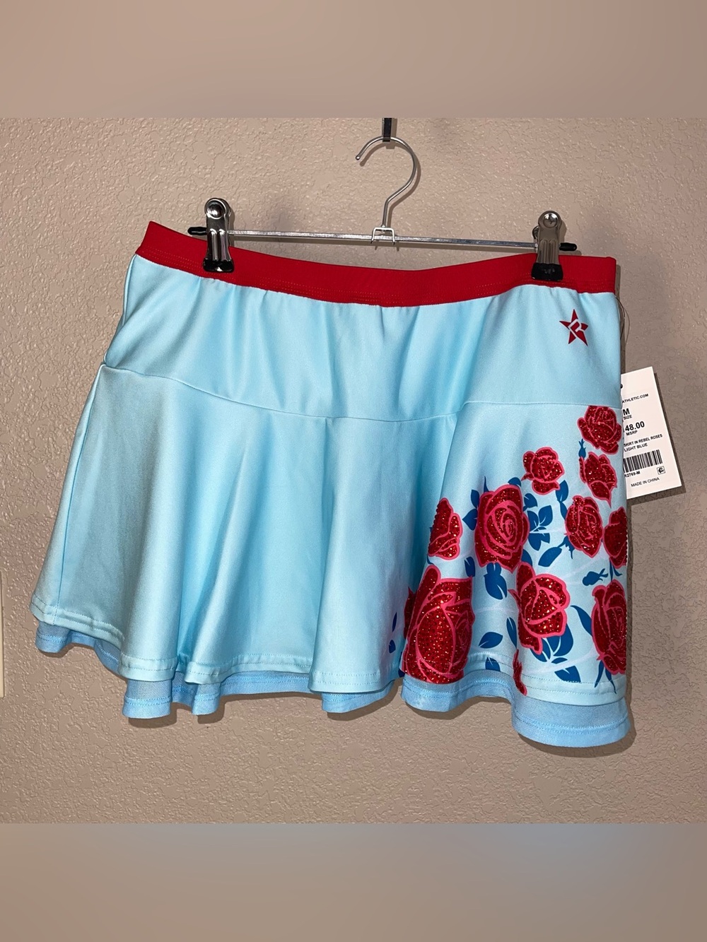Light Blue Floral Skater Skirt with Red Waistband